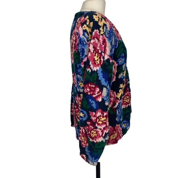 Vintage The Eagles Eye Hand Knit Floral Cardigan Sweater Large Black Pink Bold - Picture 5 of 8